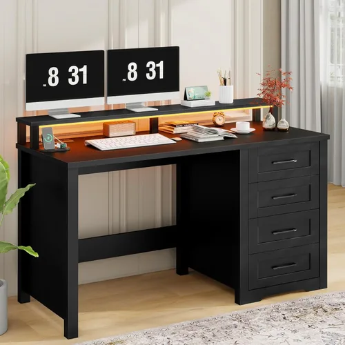 Miniatura 19 de Vabches 47" Farmhouse Executive Desk with Monitor Stand & File Cabinet,3 Drawers Computer Desk with LED Lights and Power Outlets,Workstation for