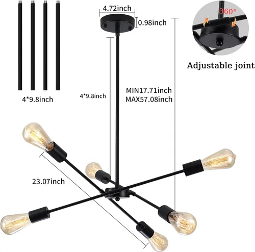Miniatura 5 de Candelabros Sputnik - Moderna lámpara de techo Sputnik de 6 luces para sala de estar - Lámpara Sputnik industrial negra para comedor, dormitorio