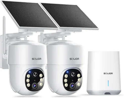 SOLIOM - Cámaras de seguridad de 5MP inalámbricas para exteriores, sin suscripción y energía solar, paquete de 2 cámaras de seguridad para el hogar