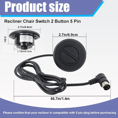 Miniatura 2 de Silla reclinable eléctrica de repuesto con enchufe de 2 botones y 5 pines para sofá eléctrico, silla elevadora de mano redonda, reemplazo remoto