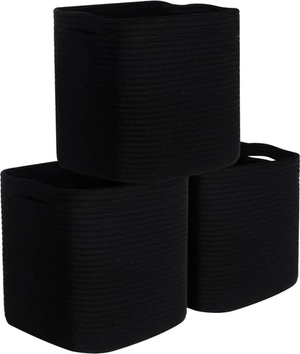 MINTWOOD Design Paquete de 3 cubetas de almacenamiento de 11x11 pulgadas, organizador tejido, lindas cubetas cuadradas para clóset, canastas Negro