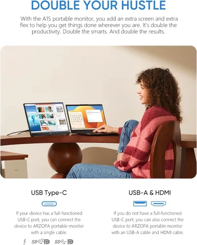 Miniatura 2 de ARZOPA Soporte para Monitor Portátil con Base, Monitor Portátil Ultradelgado de 14.0" para Laptop FHD 1080P Pantalla Externa con Altavoces Duales