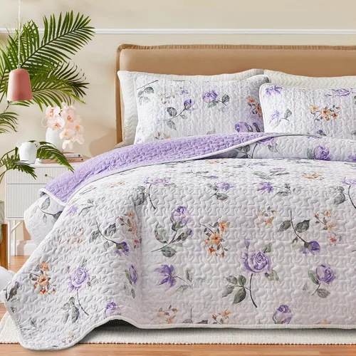 Miniatura 11 de Juego de edredón floral tamaño Queen 88x88 con flores rosas y amarillas, de microfibra suave, ligero, colcha reversible de verano de 3 piezas, juego
