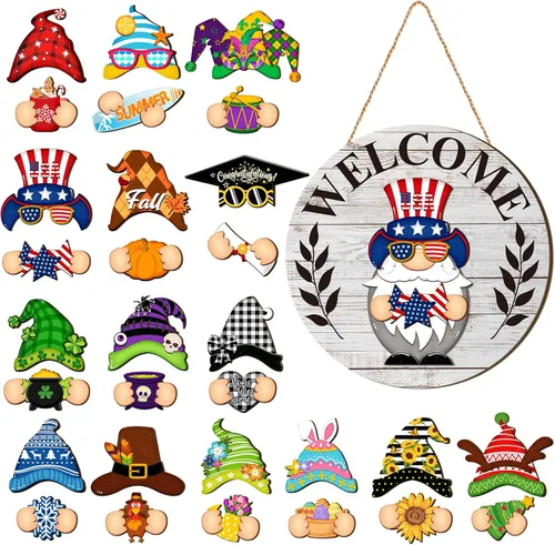 Miniatura 13 de Qunclay 31 piezas 3D de grano natural intercambiable de madera gnomo para puerta, decoraciones navideñas de gnomo con piezas magnéticas y sombreros
