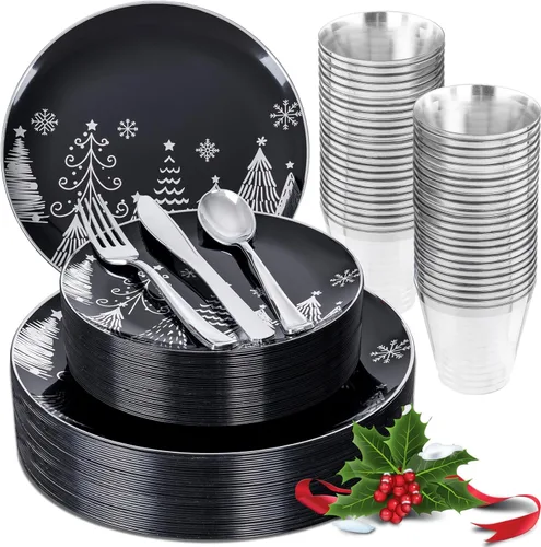 KIRE Juego de 150 platos de Navidad desechables y vajilla para 25 invitados, platos negros y plateados, cubiertos de plástico y tazas con borde