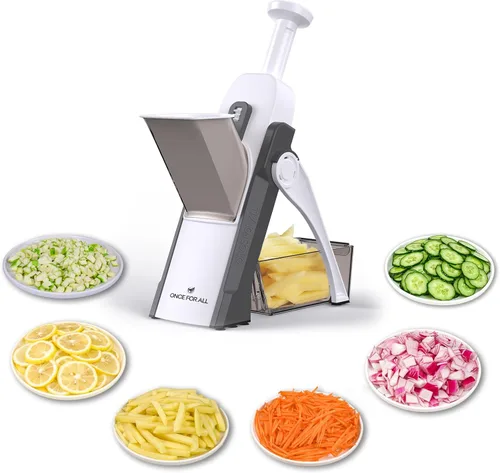 ONCE FOR ALL - Cortador de mandolina seguro 5 en 1, picador de verduras, cortador de papas, cortador de alimentos, tiras en juliana, cortador Gris