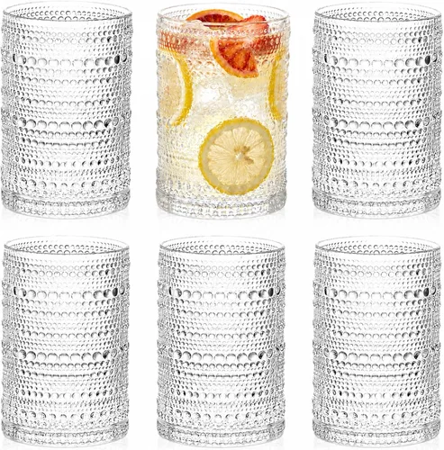 ZOOFOX Juego de 6 vasos de bebida vintage, vasos transparentes de 13 onzas, cristalería con diseño en relieve para bebidas, agua, jugo, cerveza,