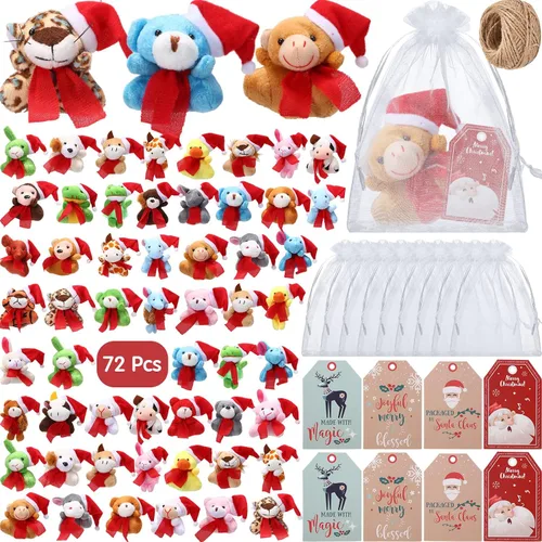 Leyndo 217 mini animales de peluche de Navidad de 4.72 pulgadas con etiquetas de regalo de Navidad y bolsas de organza, pequeños llaveros de