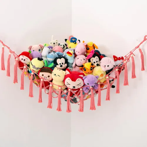 Miniatura 2 de MAKEONEWO Hamaca de Juguete de Peluche Colgante - Hecha a Mano, Organizador Grande de Macramé Rosa, Soporte de Red de Esquina para Juguetes de Rosa