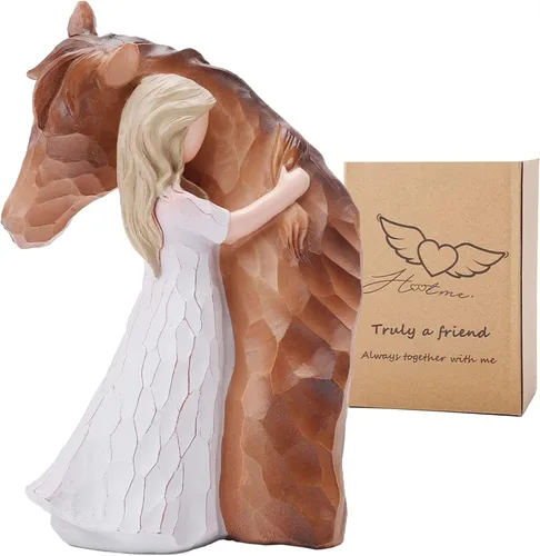 Estatua de niña abrazando un caballo decorativa - Figura esculpida pintada a mano, regalos para mujeres y amantes de los caballos - Figura