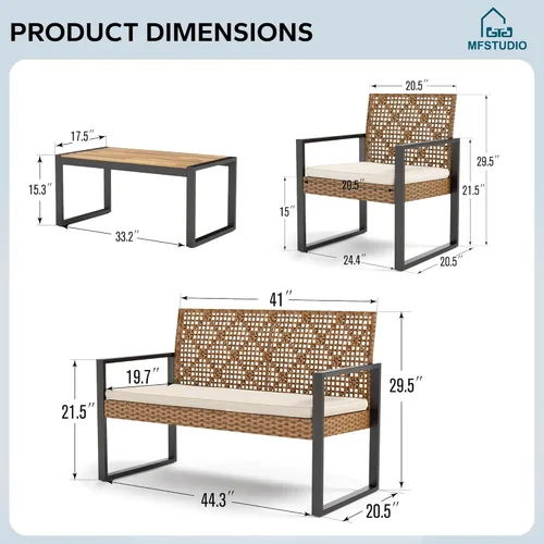 Miniatura 8 de MFSTUDIO Juego de 4 muebles de patio al aire libre, sofá pequeño de ratán marrón con mesa y sillas de madera de acacia, juego de muebles de sofá