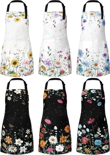 Bencailor 6 delantales de cocina de verano con bolsillos, diseño de flores, gallo, abeja, mariposa, girasol, primavera, a granel para mujeres (color