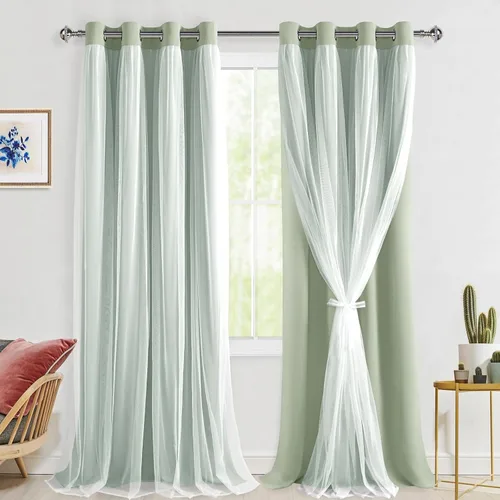 Miniatura 98 de Hiasan Cortinas opacas con superposición transparente, aislamiento térmico para mezclar y combinar de doble capa, cortinas de oscurecimiento de Beige
