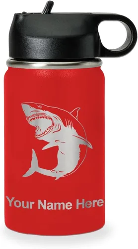 Miniatura 12 de LaserGram Botella de agua personalizada, gran tiburón blanco, acero inoxidable de doble pared aislada al vacío con popote superior, regalo grabado