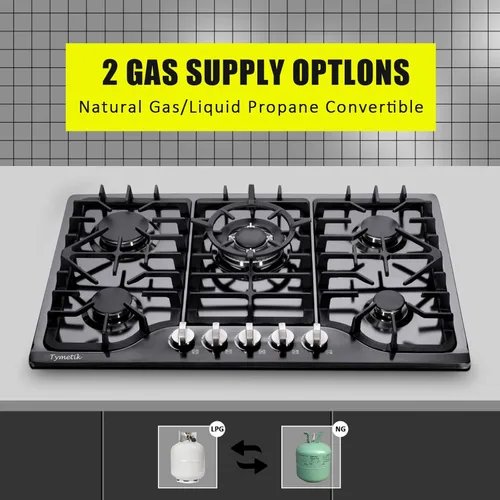 Miniatura 4 de Placa de gas de 30 pulgadas, estufa de gas de acero inoxidable integrada, 5 quemadores de alta eficiencia, estufa de gas convertible GLPG/NG (negro)