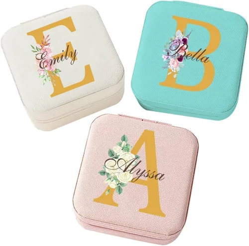 Miniatura 11 de Corissy Joyero personalizado para mujer, joyero de viaje personalizado con nombre y flor de nacimiento, joyero de cuero para anillos, aretes
