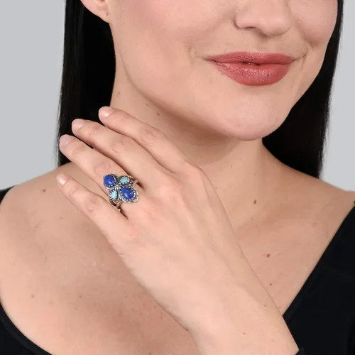 Miniatura 2 de Anillo de cruz con piedras preciosas de lapislázuli y turquesa de American West tamaños 05 a 10
