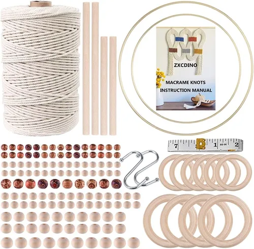 Kit de macramé de 152 piezas para principiantes: cordón de macramé de algodón natural, anillos de madera y metal, cuentas, palos y aros, perfecto