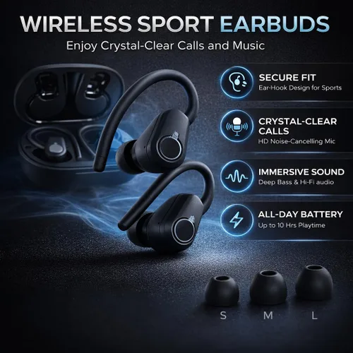 Miniatura 7 de Auriculares inalámbricos Bluetooth 5.3 con ganchos para los oídos, pantalla de alimentación LED de 52 horas de reproducción, IPX7 impermeables