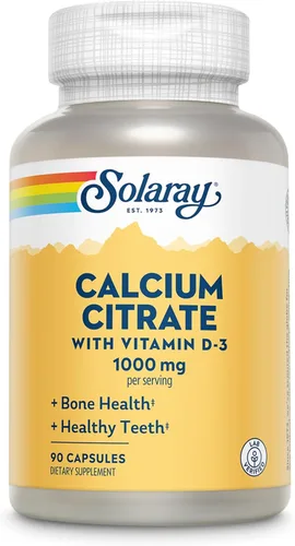 Solaray Citrato de calcio con vitamina D3 1000 mg – Fuerza ósea y apoyo dental saludable – Fórmula de digestión suave – Verificado por laboratorio,