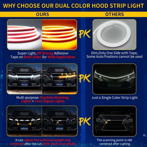 Miniatura 5 de Tira de luz LED para capó exterior del coche, kit de haz de arranque de escaneo dinámico de doble color, luces de circulación diurna LED blancas