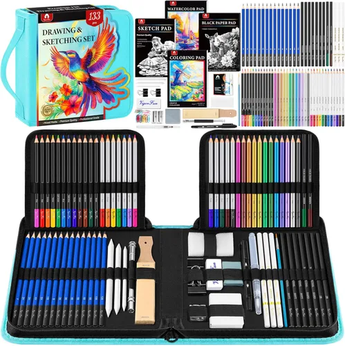Miniatura 10 de Kit de bocetos de 106 piezas de suministros de arte, lápices de dibujo profesional con cuaderno de bocetos de 3 colores, libro para colorear, Negro