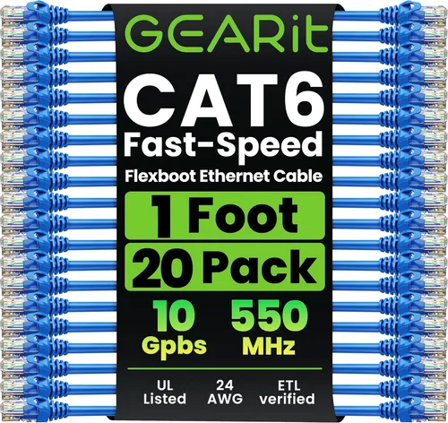 GearIT Paquete de 20 cables de conexión Cat6 de 1 pie, cable Ethernet Cat 6 sin enganches, flexible y suave, serie Preimum, color azul