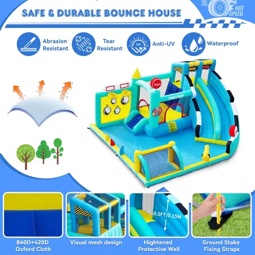 Miniatura 5 de FINCOME Bounce House - Tobogán doble para niños de 3 a 10 años, castillo de rebote grande con soplador de aire de 550 W, piscina, salto, escalada