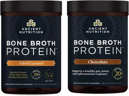 Ancient Nutrition Proteína en polvo de caldo de hueso, caramelo salado, 20 porciones + polvo de proteína de caldo de hueso, chocolate, 20 porciones