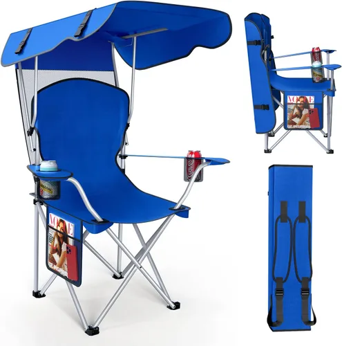 Miniatura 12 de VTOY Silla de camping portátil con dosel, silla plegable con toldo, silla Oxford 600D duradera para camping, playa, picnic, pesca y deportes 1