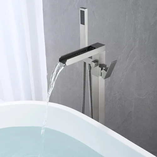Miniatura 5 de Wowkk Grifo de bañera independiente, relleno de bañera de cascada, níquel cepillado, montaje en el suelo, latón de una sola manija, grifos de baño