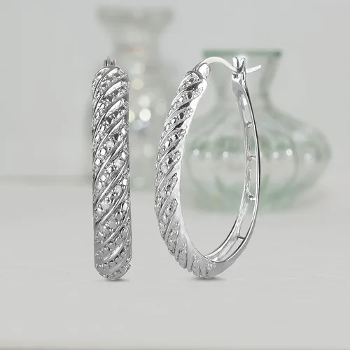 Miniatura 4 de Natalia Drake Aretes de aro grandes con diamantes ovalados en diagonal para mujer, en plata de ley 925 chapada en rodio, Metal precioso., Diamante