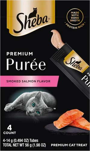 Miniatura 11 de Sheba Premium Puree Cat Treats sabor a pollo asado lamible, sabor a salmón ahumado y sabor a atún chamuscado, tubos de 0.49 onzas, 48