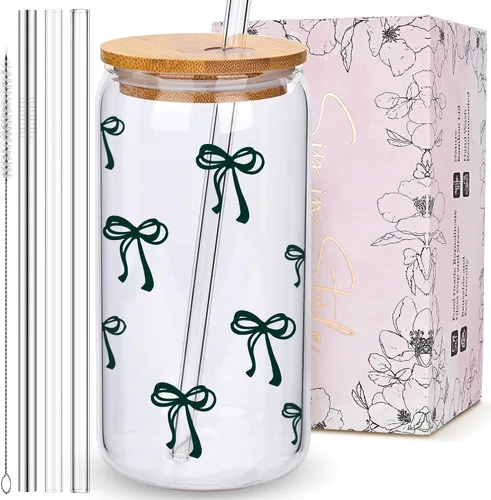 Miniatura 7 de BIPEDS Coquette Tazas de vidrio lindas con moño rosa y tapas y pajitas, taza de café helado estética, taza de diseño preppy femenino, regalos