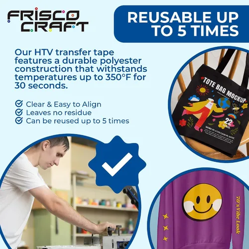 Miniatura 4 de Frisco Craft Cinta de transferencia de vinilo de transferencia de calor – Cinta transparente para planchar con estampado HTV y papel adhesivo