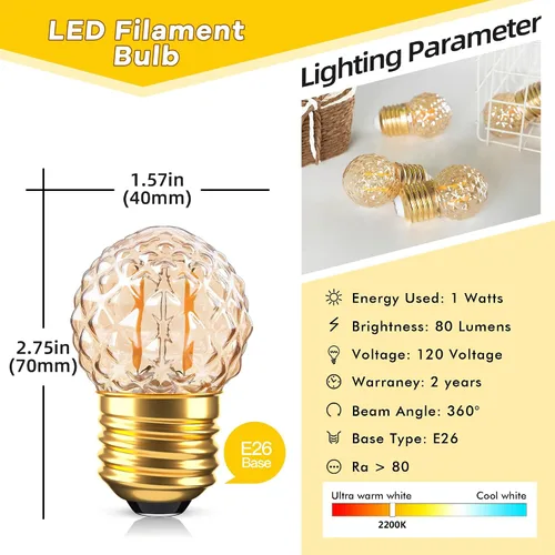Miniatura 3 de E26 Bombillas LED Ámbar Pequeñas, Bombilla Edison Pequeña de 1 W, Bombilla Incandescente de 10 Vatios, Bombillas Decorativas de Bajo Consumo 2200 K