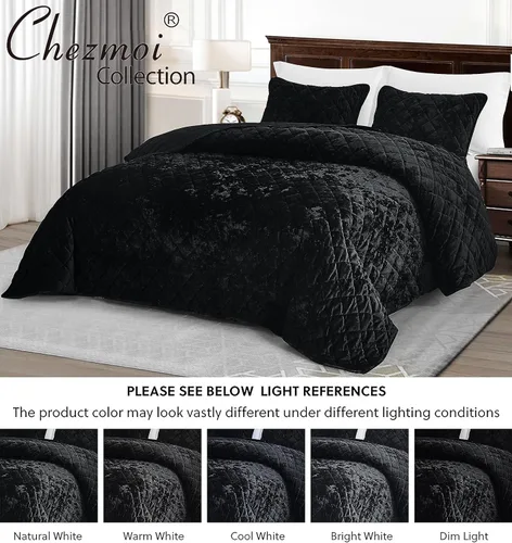 Miniatura 5 de Chezmoi Collection Lux Juego de Edredón de Terciopelo Negro King, 3 Piezas, Ropa de Cama de Terciopelo Exuberante Suave Envejecido para Todas