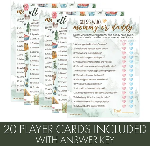 Miniatura 4 de DISTINCTIVS Little Adventurer - Juego de Baby Shower - ¿Qué hay en tu teléfono y palabras Scramble? 20 tarjetas de doble cara - Juegos de baby
