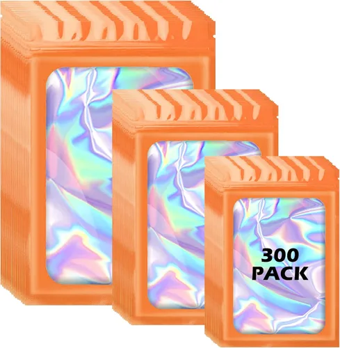 Miniatura 8 de 300 bolsas holográficas de mylar, 3 tamaños, bolsas a prueba de olores con ventana transparente, bolsas de papel de aluminio resellables
