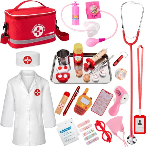 Kit de doctor para niños, juego de 34 piezas de doctor para niños pequeños de 3-5 años con bolsa de almacenamiento médico y estetoscopio real,