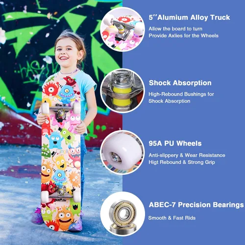 Miniatura 5 de Patinetas para principiantes, niños, niñas y adultos, 31 x 8 pulgadas, 7 capas de arce, cóncavo de doble patada, fascinante fresco, sólido y duradero