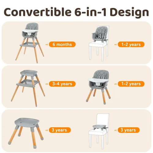 Miniatura 3 de Ezebaby Sillas altas 6 en 1 para bebés y niños pequeños, silla alta convertible para bebé y silla de bebé, silla alta de madera con almacenamiento