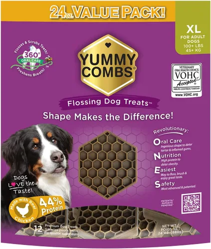 Miniatura 10 de Yummy Combs Golosinas dentales para perros, aprobadas por veterinarios VOHC, deliciosa proteína de pollo, elimina el sarro con forma de peine