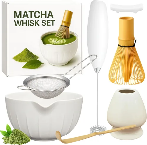 Miniatura 10 de Juego de batidor Matcha con tazón Matcha - Juego de Matcha incluye espumador eléctrico, batidor de bambú, cuchara Matcha, soporte de bambú, colador