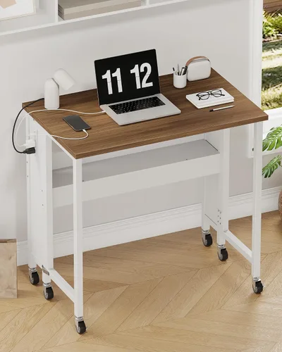 Miniatura 10 de CHOEZON Escritorio plegable moderno para computadora de 31.5 pulgadas con tomas de corriente, ruedas, almacenamiento, perfecto para espacios Negro