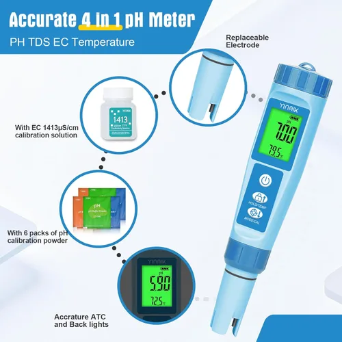 Miniatura 2 de Yinmik Medidor de pH de Agua, Medidor Digital 4 en 1 de pH, Temp, EC, TDS para Hidroponía, Probador de Conductividad PH PPM con Líquido de Probador