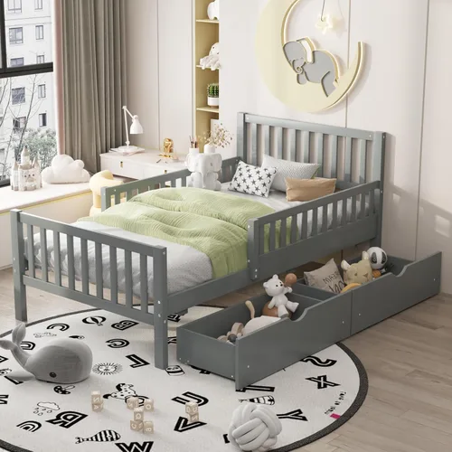 Miniatura 31 de VilroCaz Moderna cabecera de almacenamiento de cama de tamaño individual y barandilla de seguridad para niños, base de cama de plataforma de madera