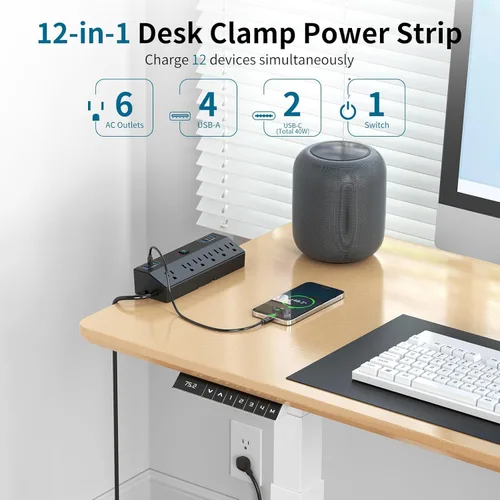 Miniatura 3 de JXGUCAT - Regleta de alimentación con abrazadera de escritorio de 6 pies con puertos USB C de 40 W, enchufe plano para montaje en escritorio