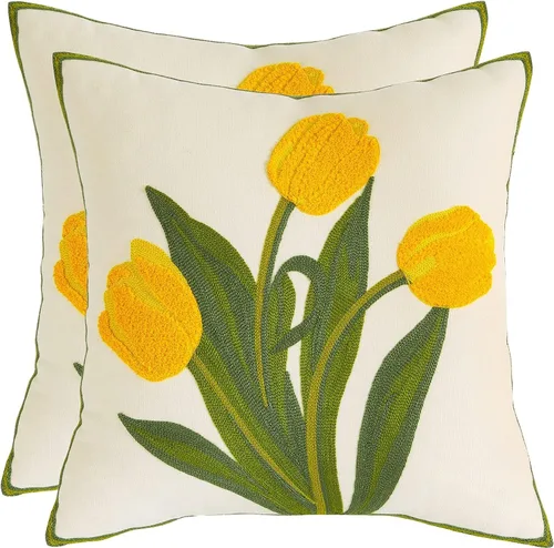 Miniatura 10 de Fundas de almohada bordadas de 16 x 16 pulgadas, paquete de 2 fundas de almohada de tulipán naranja con diseño floral de primavera, fundas