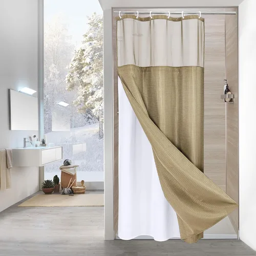 MitoVilla Cortina de ducha pequeña beige de 36 x 72 pulgadas, juego de cortina de ducha de tela de punto gofre de tamaño medio estrecho con forro